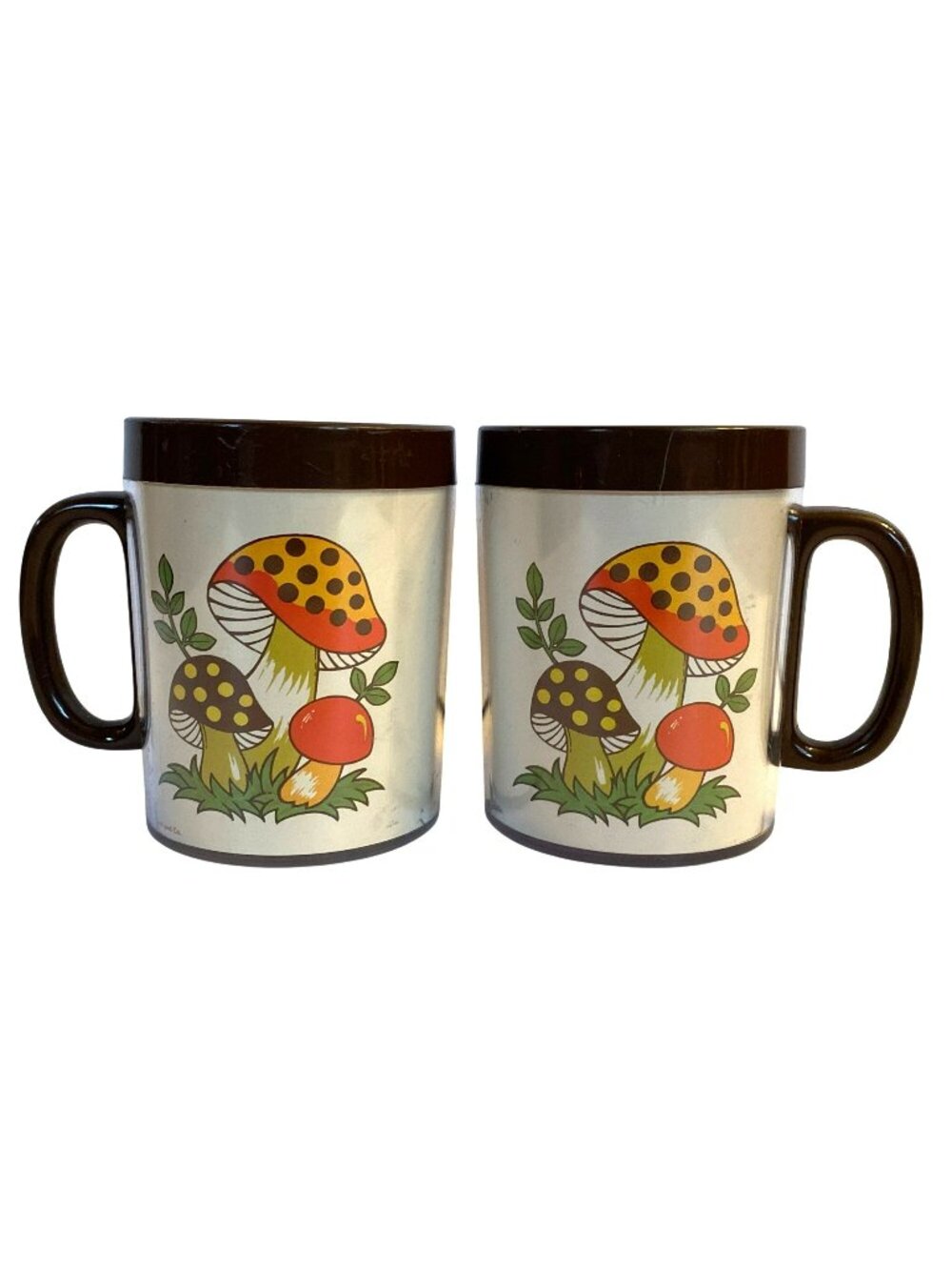 2 Vintage Sears Roebuck Merry Mushroom Thermo Serv Insulated Plastic Mugs 1970's